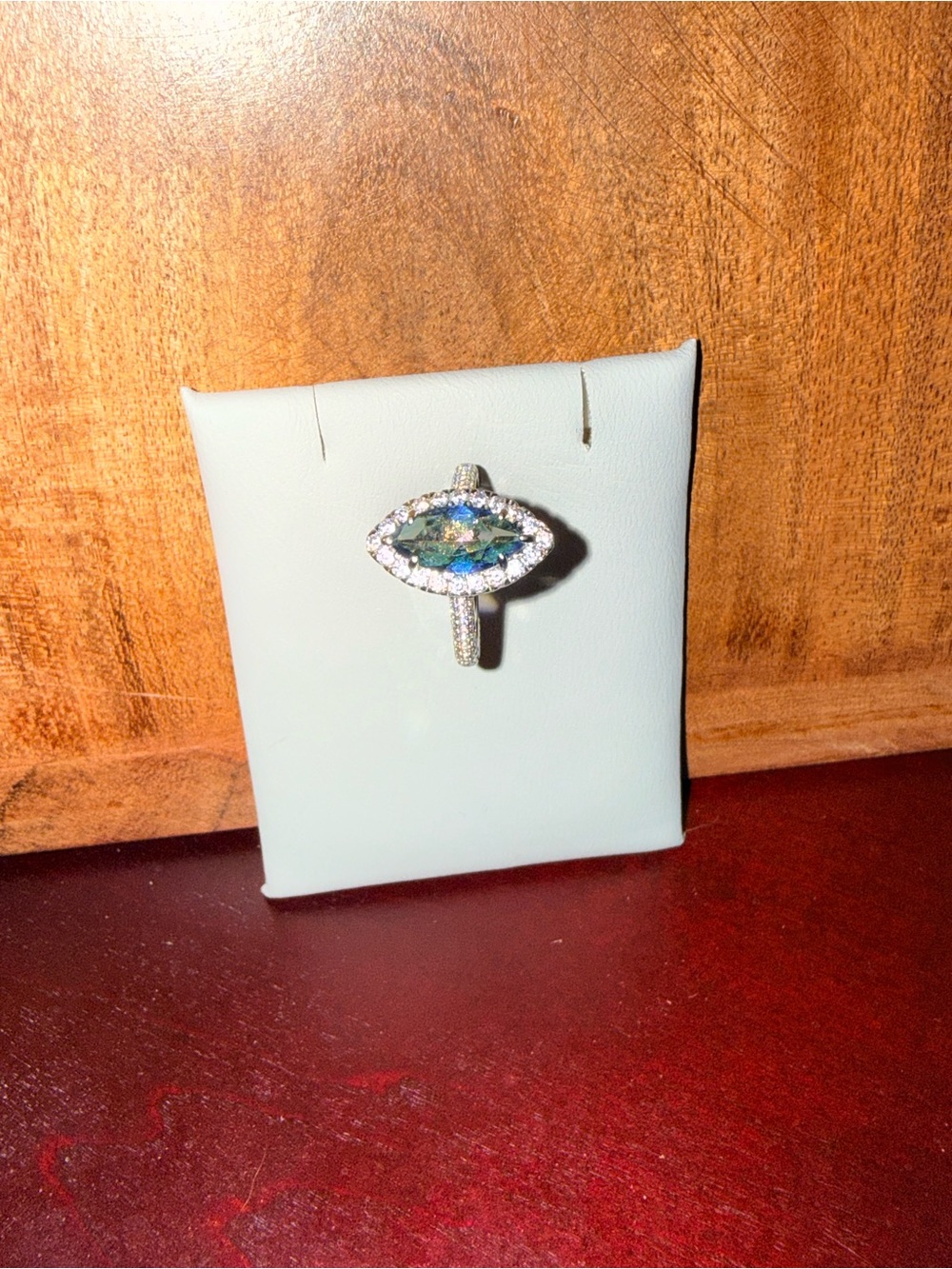 Marquise Halo Ring with Blue-Green Center Stone